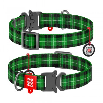 WAU Adjustable Pattern Nylon Collar with Metal Buckle (25mm x 14"-23") - GREEN TARTAN - Collar From Ukraine