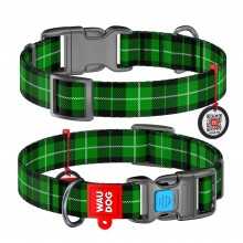 WAU Adjustable Pattern Nylon Collar with Plastic Buckle (25mm x 14"-23") - GREEN TARTAN - Collar From Ukraine