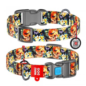 WAU Adjustable Pattern Nylon Collar with Plastic Buckle (25mm x 14"-23") - SKULLS - Collar From Ukraine